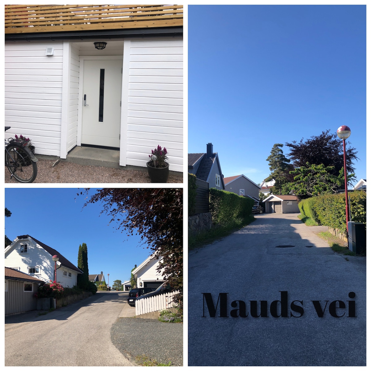 The image showcases the entrance to the property, featuring a modern front door framed by a clean exterior. A quiet residential street is depicted, lined with houses and greenery, under a clear blue sky. The area reflects a peaceful neighborhood atmosphere.
