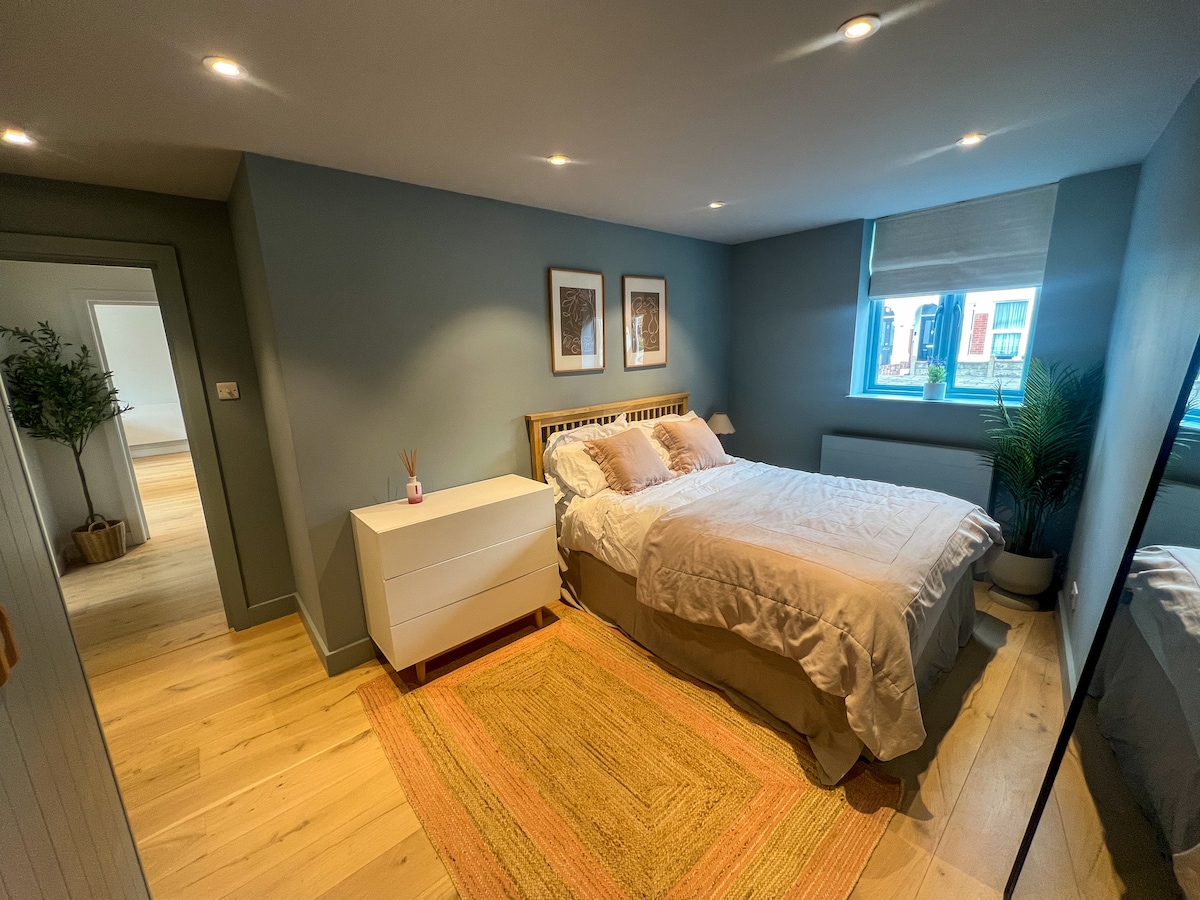 A spacious bedroom features a large bed with soft linens and decorative pillows. Natural light enters through a window, illuminating the light blue walls and wooden flooring. A white dresser and a potted plant add elements of comfort to the room.