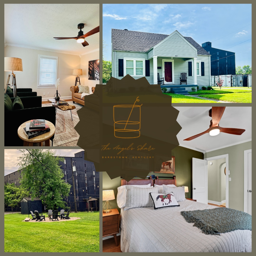 A charming home exterior features a light-colored façade with a sloped roof and inviting front porch. The backyard showcases a grassy area with Adirondack chairs arranged around a fire pit, perfect for outdoor relaxation. Each interior space is thoughtfully designed with ceiling fans and cozy furnishings.