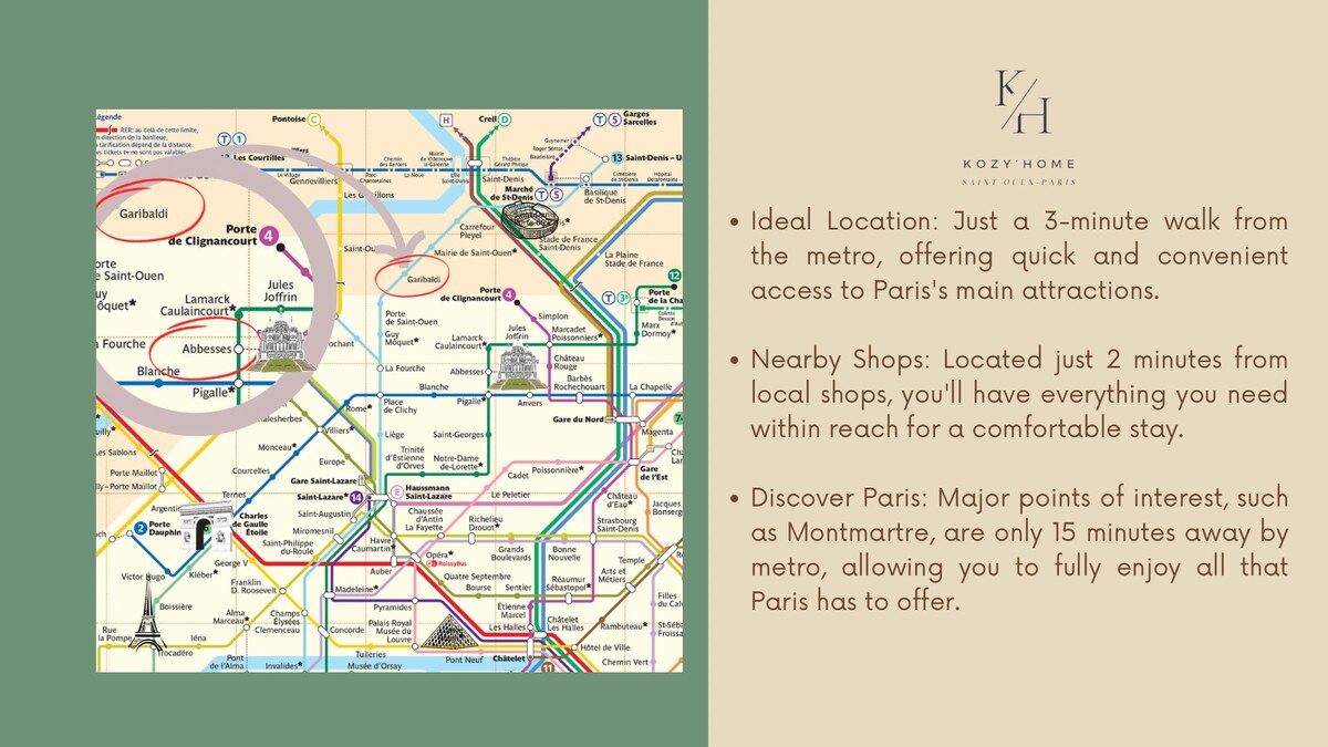 A detailed transit map highlights the location of KOZY'HOME near Garibaldi metro station, showcasing routes and nearby attractions. Key areas such as Montmartre and the Champs-Élysées are indicated, along with local shops within walking distance for convenient access.