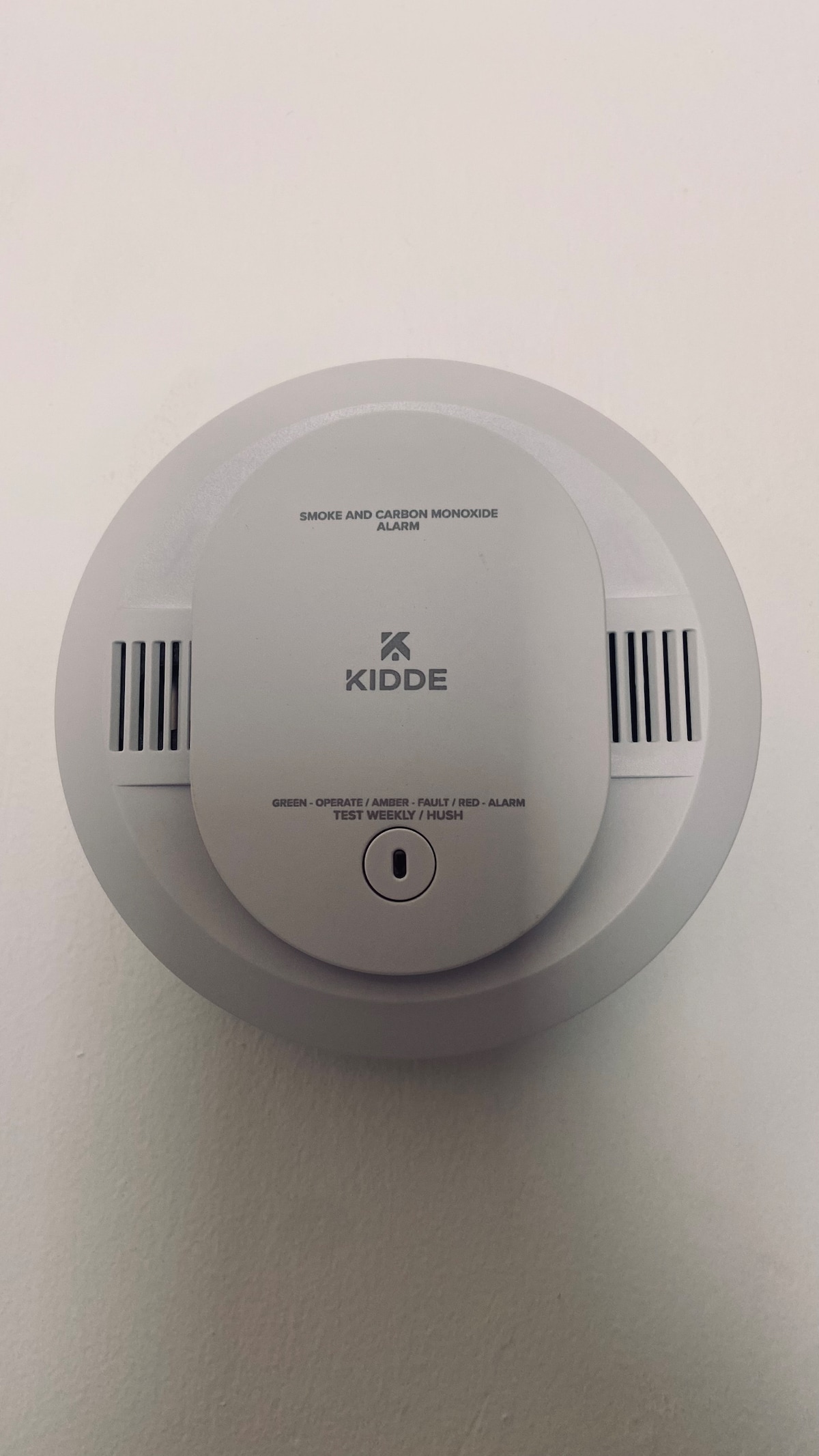A smoke and carbon monoxide alarm is mounted on a plain wall. The circular device features vents and a test button, clearly labeled with the brand name. Its white color allows it to blend seamlessly with the wall.