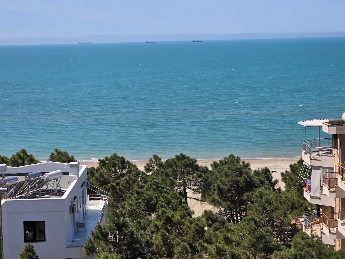 A clear view of the sea is captured, showcasing tranquil turquoise waters under a bright sky. The horizon is marked by distant ships, while coastal greenery frames the foreground, highlighting the proximity to the beach.