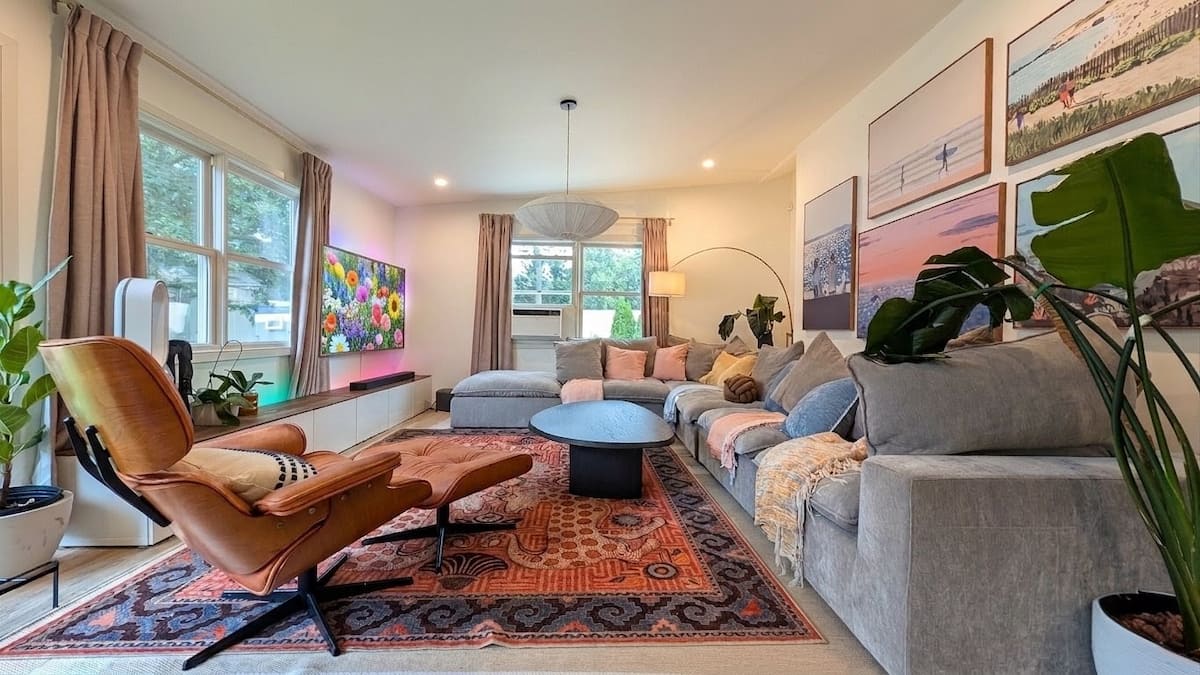 Sunroom with 75" TV and surround sound system