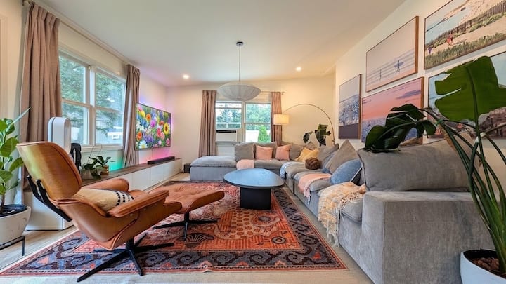 Sunroom with 75" TV and surround sound system