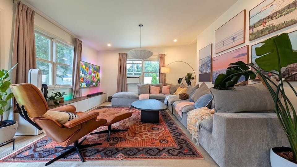 Sunroom with 75" TV and surround sound system
