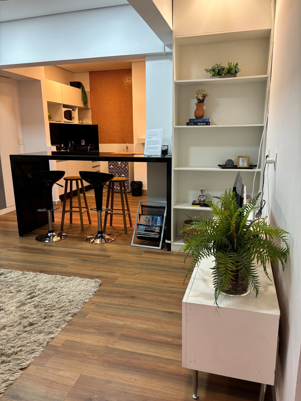 A modern open-plan kitchen is visible, featuring sleek black bar stools surrounding a counter. Light wooden flooring complements the space, which is arranged with decorative shelves and a small plant on a white stand, adding a touch of greenery to the area.