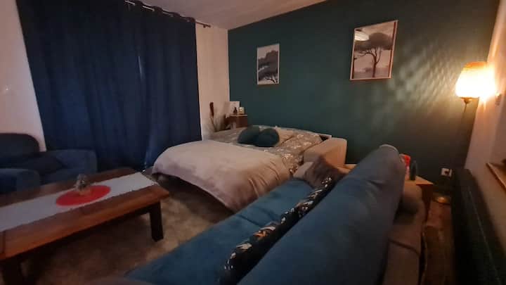 Chumba cha kulala cha pili kwenye ghorofa ya chini, chenye sofa kubwa na godoro zuri.
Faragha imehifadhiwa kwa sababu ya mapazia yaliyofungwa...