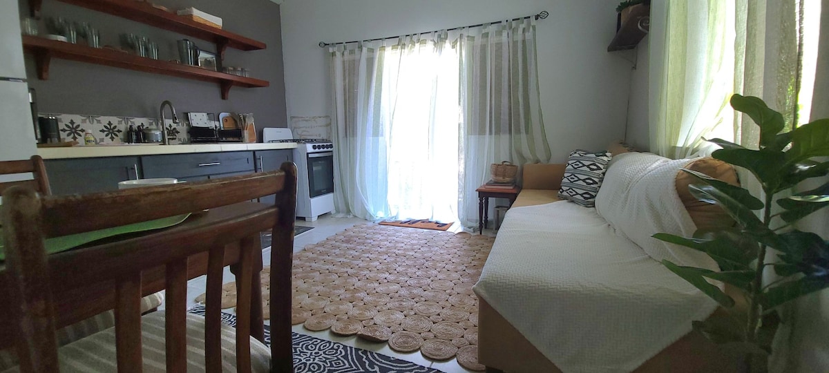 An inviting living area features a comfortable sofa and a natural fiber rug. Sunlight filters through sheer curtains, illuminating the space. A wooden dining table and chairs are situated nearby, with a well-equipped kitchen visible in the background.