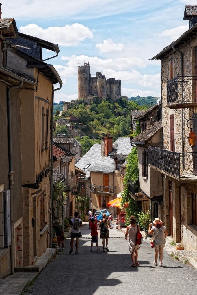 A charming street is lined with traditional buildings, leading towards a distant castle atop a hill. Groups of people stroll along the path, engaging in leisurely conversation. Lush greenery and blue skies provide a picturesque backdrop for this vibrant scene.