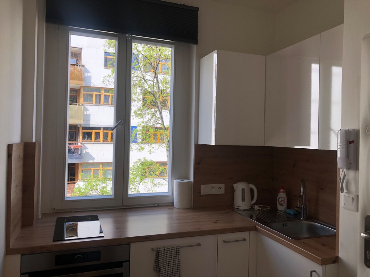 A modern kitchen is presented, featuring sleek white cabinets and a wooden countertop. Natural light enters through a large window, revealing green foliage outside. Essential appliances, including a kettle, are visible on the counter, providing a functional and bright cooking space.
