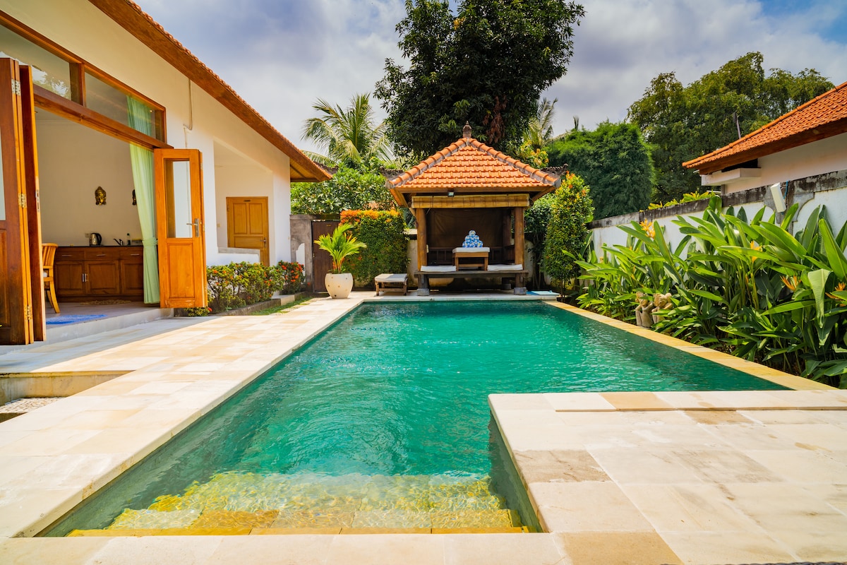 A private pool glistens under the sun, surrounded by tropical greenery and a stone patio. The villa features traditional architectural elements with a thatched roof and wooden accents visible in the background, creating a serene outdoor retreat.