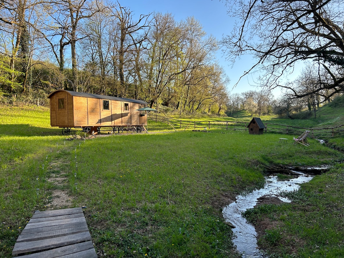 A wooden caravan is positioned on a grassy area surrounded by trees, providing a serene natural setting. A small stream flows gently nearby, and a wooden pathway leads to the caravan. An additional small structure is visible in the background, nestled among the greenery.