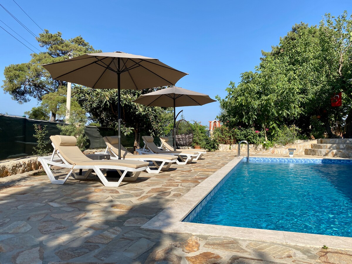 A private pool area is set with lounge chairs and large umbrellas, surrounded by greenery. The stone-paved deck enhances the outdoor experience, while the clear blue water of the pool invites relaxation. Nearby trees provide shade and a calming ambiance.