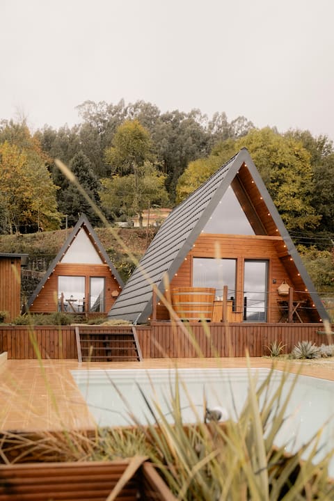 A-frame cabin, pool and view