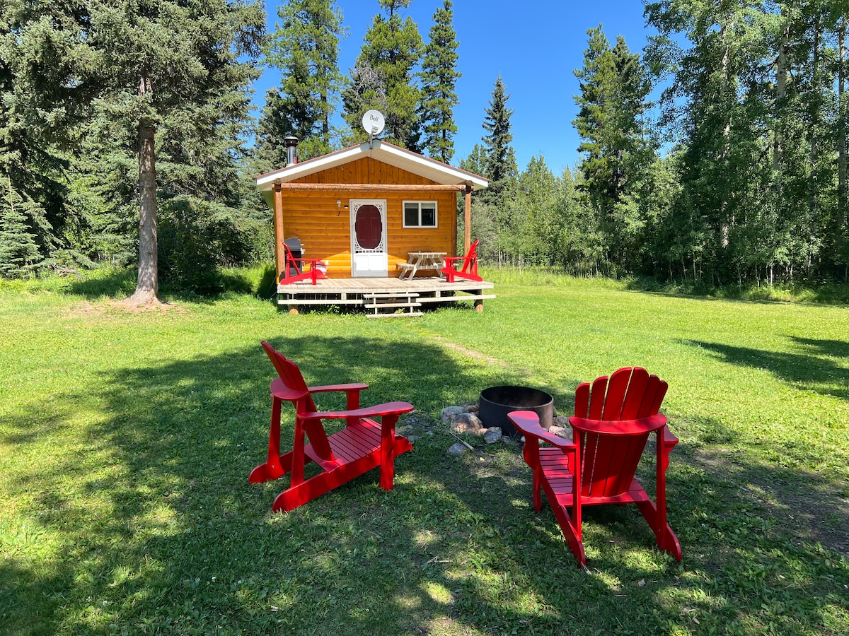 A cozy cabin is situated on a grassy area surrounded by tall trees. Two red Adirondack chairs are placed near a firepit, inviting relaxation. The cabin's front, featuring a red door and deck, is bathed in natural sunlight, creating a welcoming outdoor space.