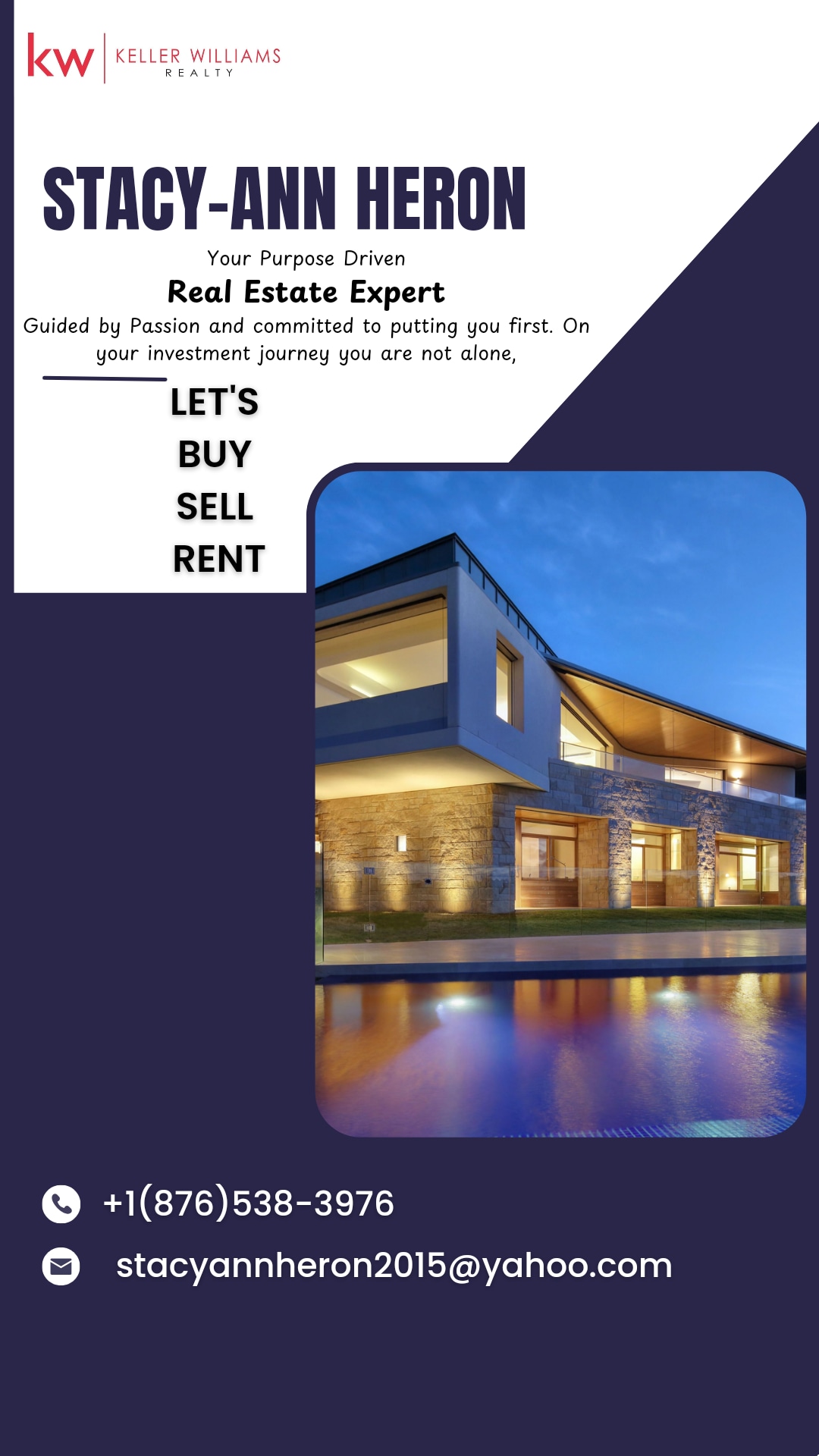 An elegant promotional image features a modern building illuminated at night. The design showcases a combination of stone and glass elements, with expansive windows reflecting the surrounding light. Contact information is prominently displayed alongside the tagline emphasizing commitment and expertise in real estate services.
