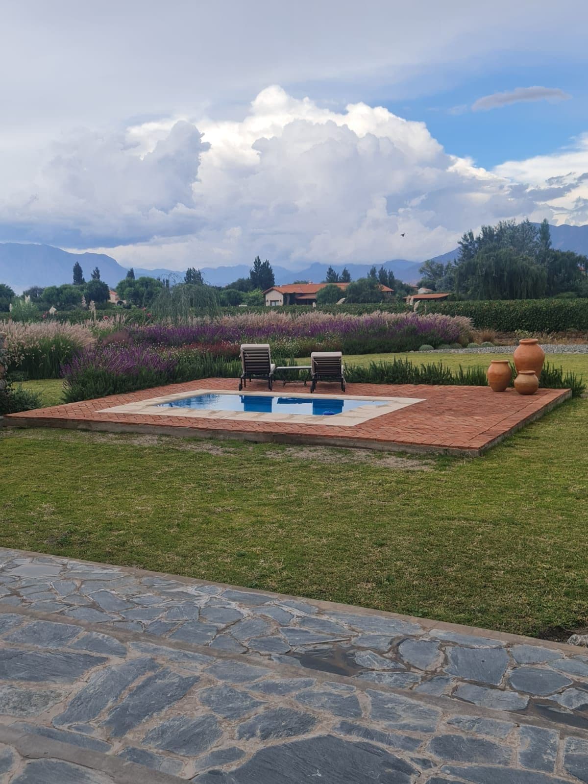 A tranquil outdoor setting features a small swimming pool surrounded by a manicured lawn. Two lounge chairs are positioned beside the pool, with vibrant flowers and greenery in the background, framed by distant mountains under a partly cloudy sky.