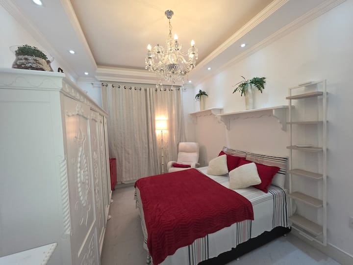 Chambre équipée de la climatisation, d'un lit double, d'une table de chevet, d'une télévision connectée, de rideaux occultants, d'un fauteuil, d'une grande armoire, de linge de lit, d'une couverture et d'oreillers supplémentaires, ainsi que d'un fer à repasser.