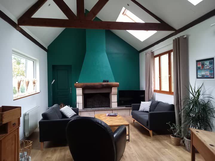 غرفة المعيشة مع مدفأة للمساء بجانب النار