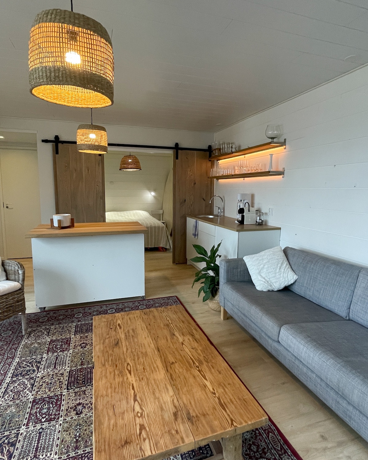 An open living area features a comfortable grey sofa, a wooden coffee table, and decorative woven light fixtures. A small kitchen area is visible, equipped with minimalistic cabinetry and glassware. Light wood flooring complements the space, which includes a sliding barn door leading to a bedroom.