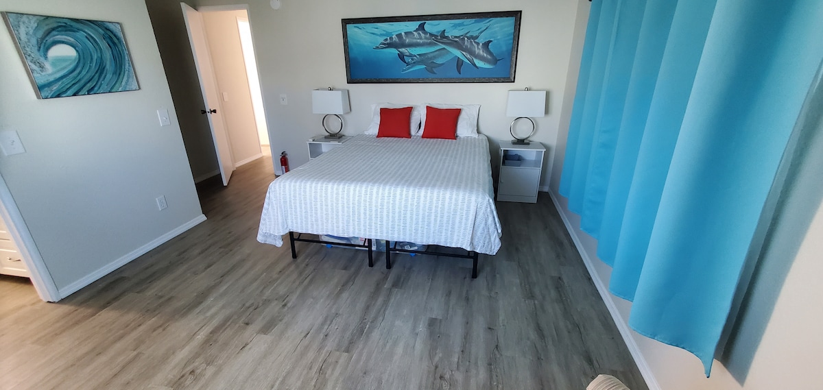 Chumba cha kulala cha msingi chenye nafasi kubwa kilicho na kitanda aina ya Queen, chumba cha kulala na makabati