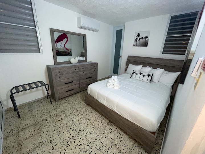 Flamingo bedroom with dresser and queen bed at Tropical Enchant