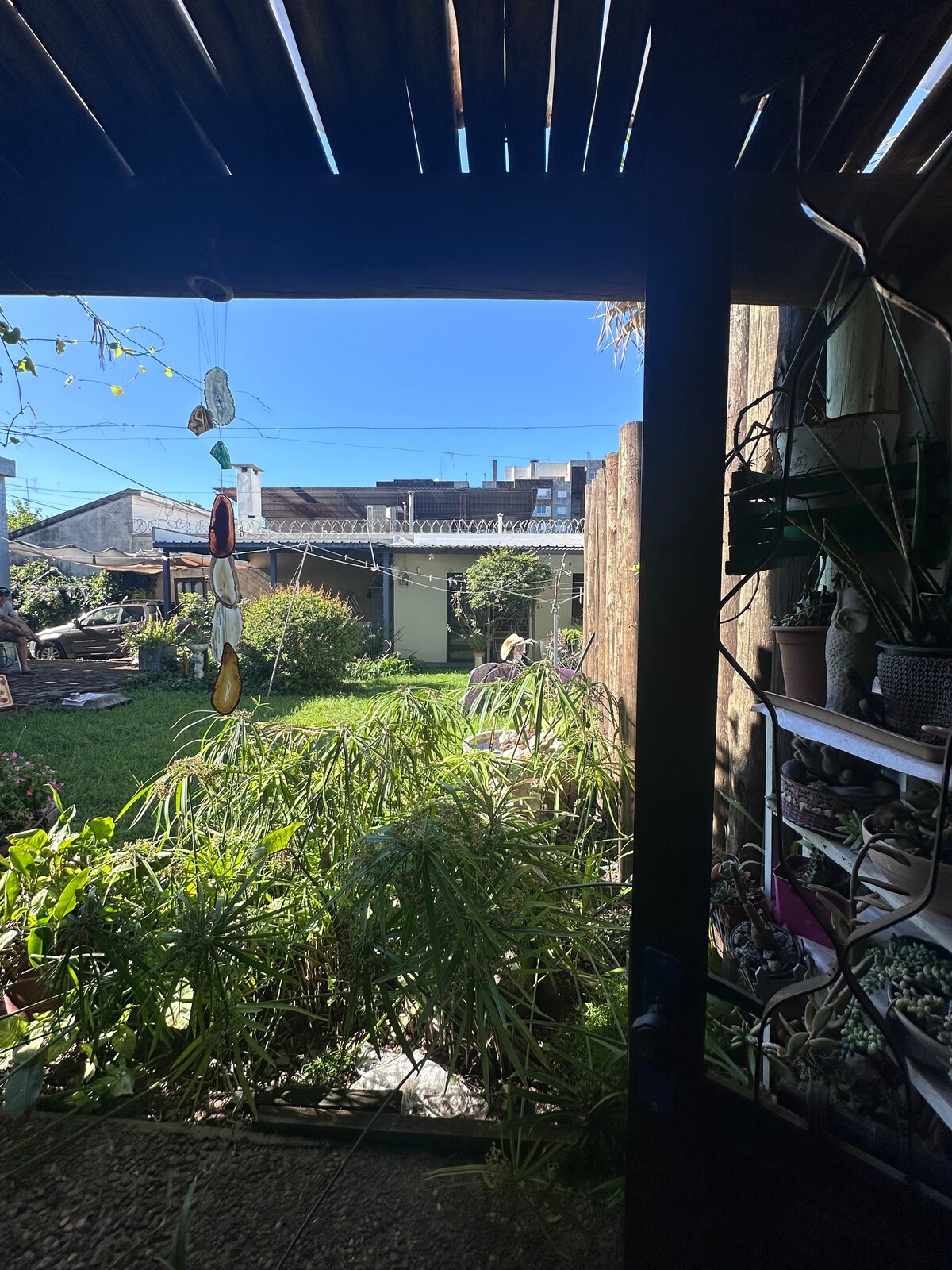 A view from a doorway frames a serene garden, showcasing lush greenery and various plants. The sky appears clear and blue, providing natural light to the area. In the background, a small structure can be seen nestled among flowering plants.