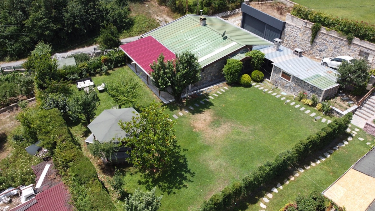An aerial view showcases a spacious green lawn surrounded by trees and shrubs. A well-maintained house with a multi-colored roof is visible, along with various outdoor seating areas and a gazebo. Pathways of stone tiles lead through the lush garden.