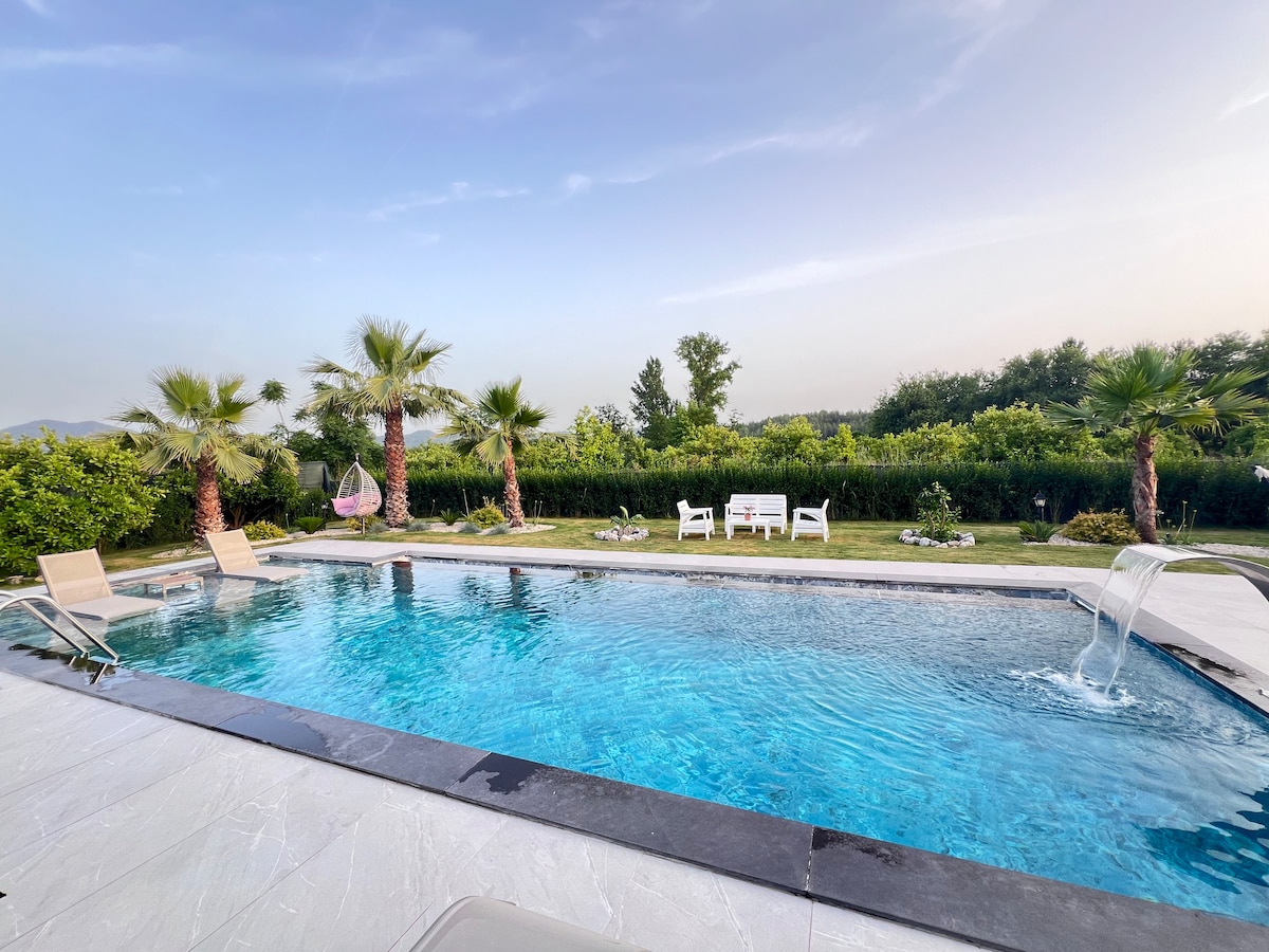A pristine swimming pool is surrounded by lush greenery, palm trees, and a vibrant garden. Comfortable lounge chairs are positioned by the pool's edge. A serene water feature adds a soothing element, while a swing chair is visible in the background, enhancing the tranquil setting.