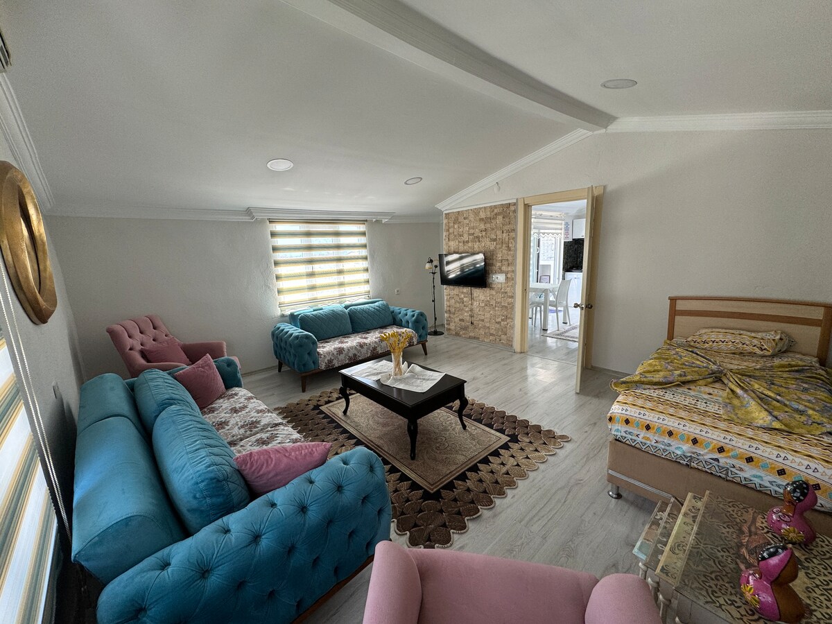 A bright living area is furnished with two blue sofas and a pink armchair, arranged around a central coffee table. A patterned rug anchors the space, while a television is mounted on the wall. A sleeping area with a bed is visible in the corner.