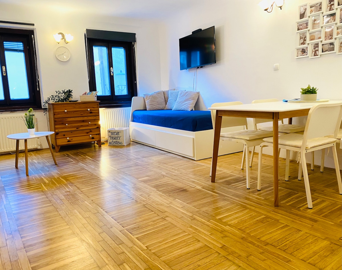 An open living area showcases a cozy couch with neutral cushions beside a flat-screen TV mounted on the wall. A light wooden dining table is accompanied by four chairs, while natural light filters through two windows, illuminating the polished wooden floor.