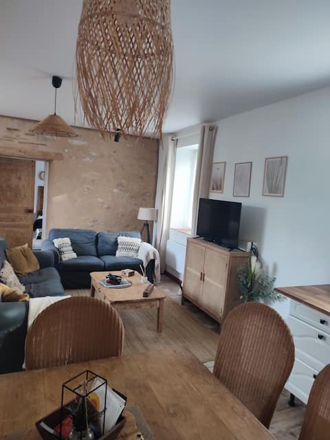 Stone house with garden and large parking lot