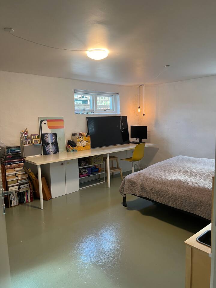 Este é um quarto grande com uma cama de casal no porão.