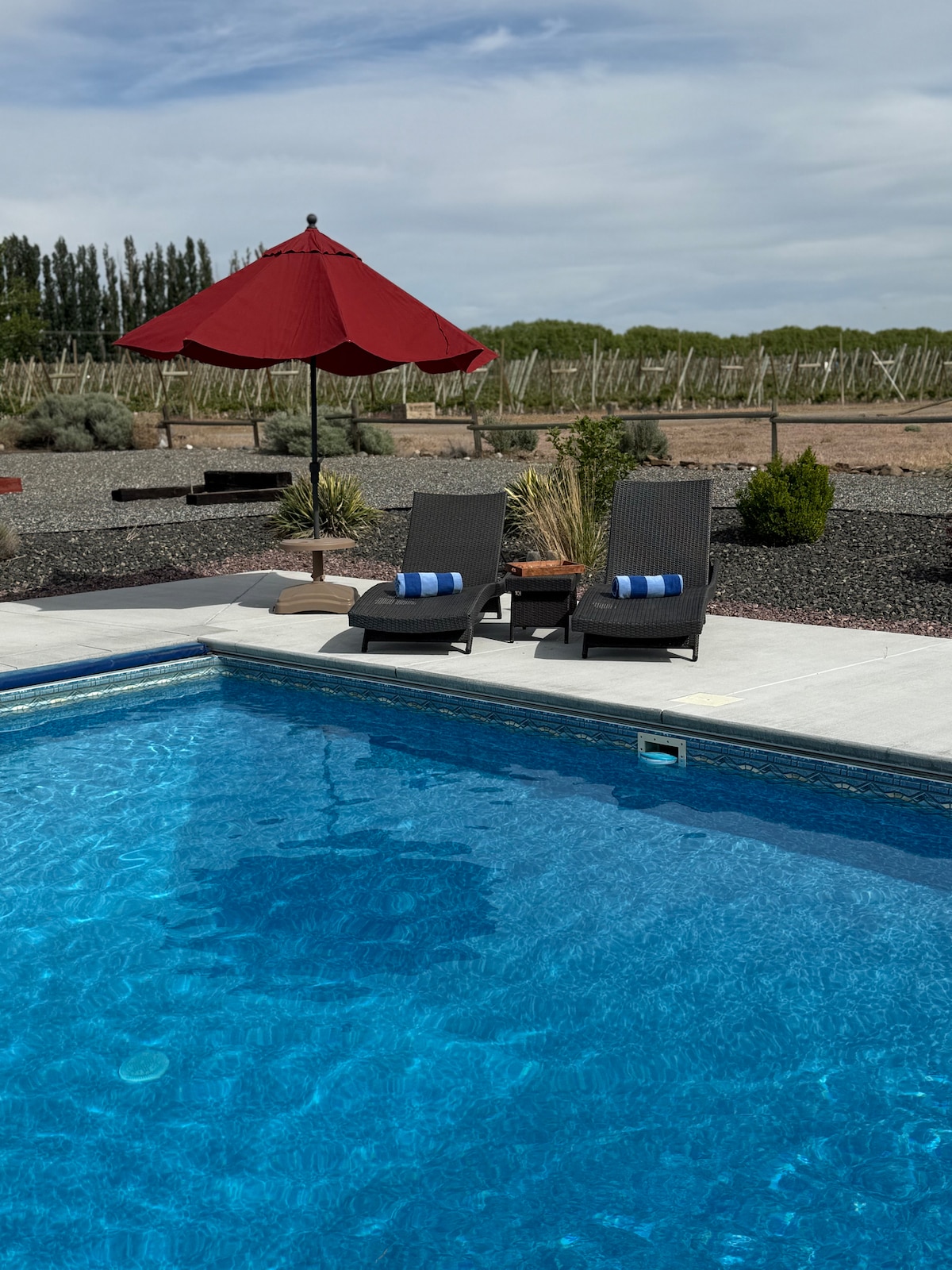 The private pool features sparkling blue water, with two lounge chairs positioned nearby under a large red umbrella. Lush greenery and patterned landscaping surround the pool area, creating a quiet and relaxing outdoor retreat.