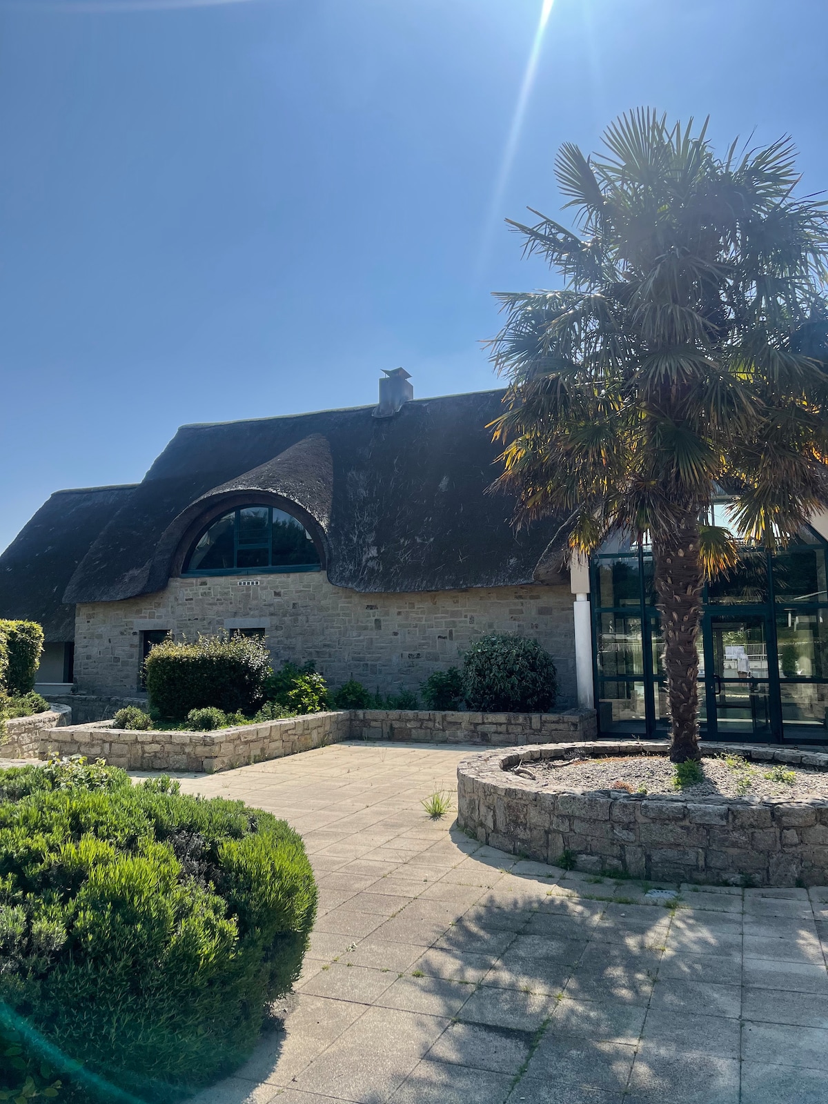 A charming stone building with thatched roofing is surrounded by well-maintained landscaping. Lush greenery and a palm tree enhance the outdoor area, while large glass windows create a connection to the inviting interior. The clear blue sky provides a bright backdrop.