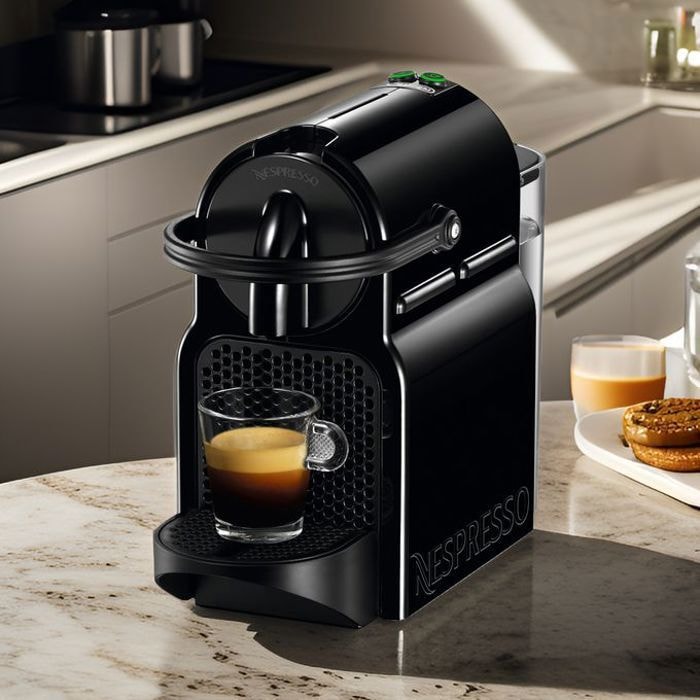 A sleek Nespresso coffee machine is positioned on a light-colored marble countertop. A glass cup filled with freshly brewed espresso sits on the machine's platform, with a small saucer and cookies nearby. Soft lighting enhances the modern design of the kitchen space.