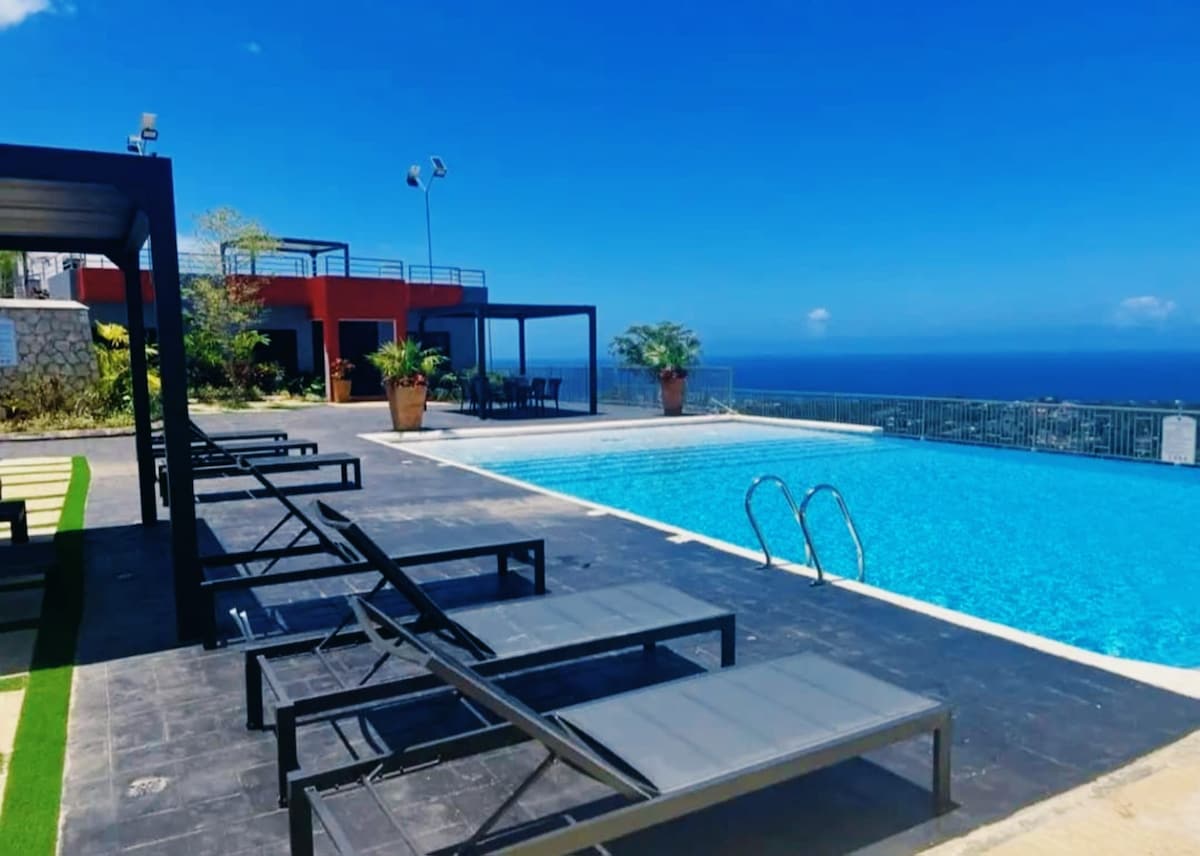An expansive infinity pool is highlighted with clear blue waters against a backdrop of an azure sky. Stylish lounge chairs line the poolside, accompanied by potted plants. The area offers panoramic views of the coastline and mountains, contributing to a serene outdoor environment.
