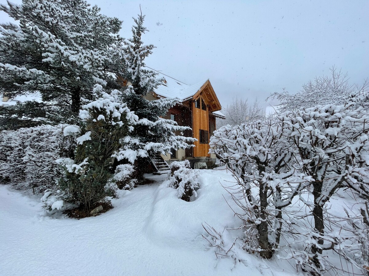 A snow-covered chalet is framed by evergreen trees and trimmed hedges. Fresh snow blankets the ground and branches, creating a serene winter scene. The wooden exterior of the chalet is visible, and the entrance stairs lead towards the front door.