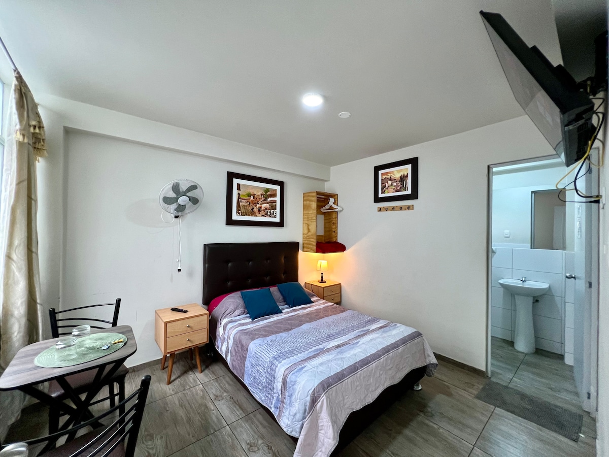 A well-appointed room is furnished with a comfortable bed and two accent pillows. A small dining table with two chairs is positioned nearby. A ceiling fan is mounted above, and a flat-screen TV is wall-mounted. Access to an en-suite bathroom is visible.