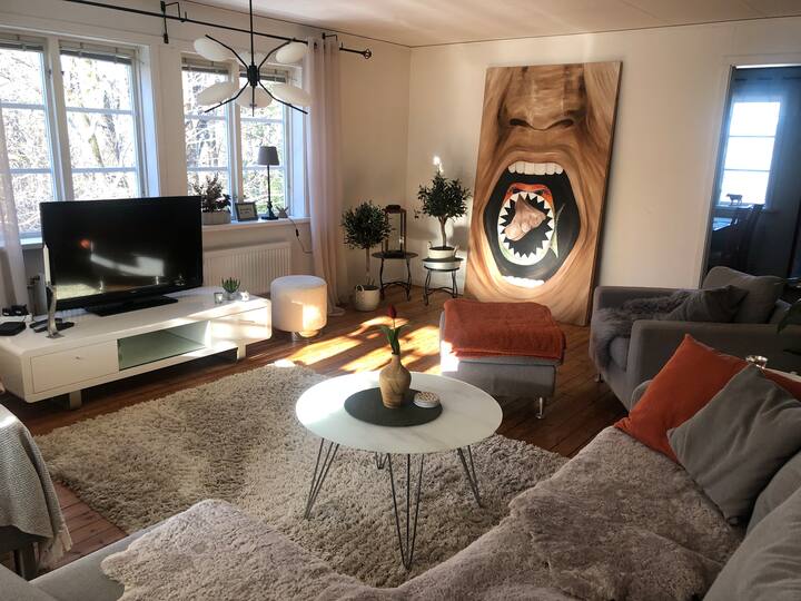 עיצוב ביתי בסלון מרווח עם מיטת יחיד, ספה, כורסה ,שרפרף וטלוויזיה.