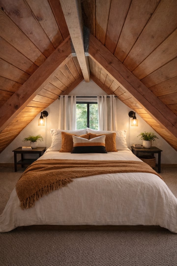 חדר השינה בלופט ב-Oxbow Cabin, שבו ממתינה מיטת קווין סייז נעימה, מציע לא רק מקום מפלט נוח אלא גם נקודת תצפית ייחודית המשקיפה על סלון המשפחה שמתחת. ללופט יש סולם. 