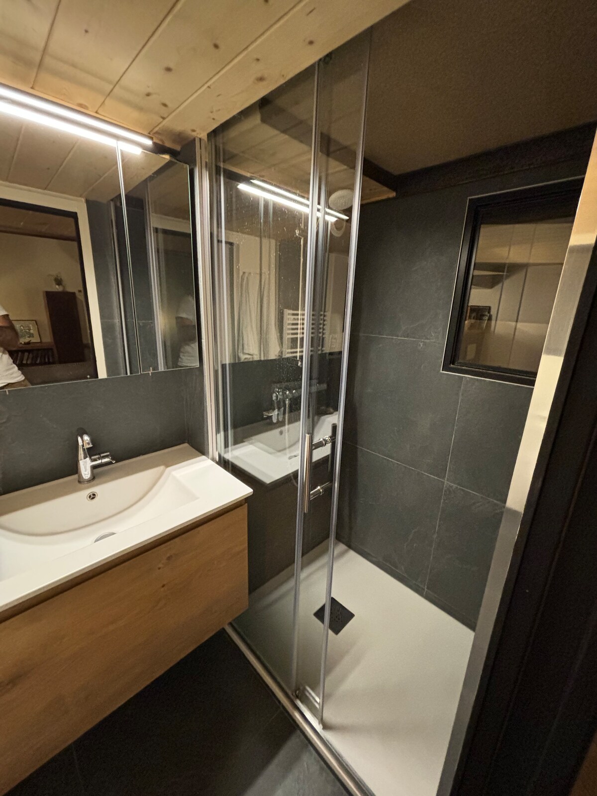 A modern bathroom is shown featuring a walk-in shower enclosed in glass panels. A sleek wooden vanity with a white sink is positioned underneath a horizontal mirror. Dark tiles on the walls and floor create a sophisticated ambiance, complemented by soft overhead lighting.