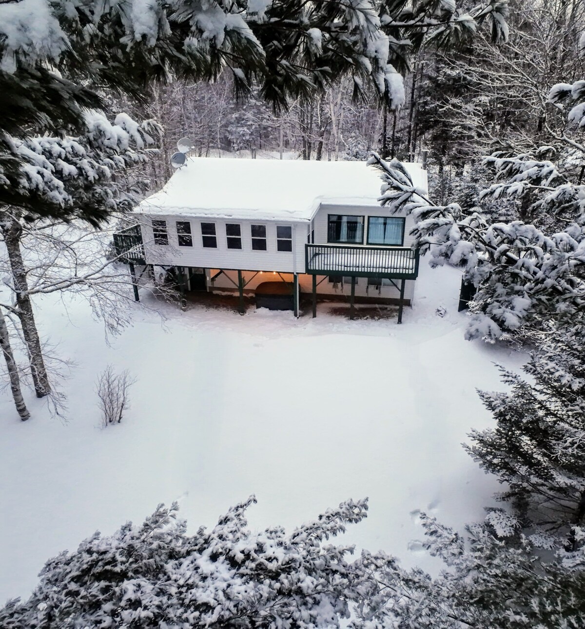 The cottage is nestled amidst a snowy landscape, surrounded by tall trees. A covered porch extends from the front, and a gentle glow is visible through the windows. The yard is blanketed in fresh snow, highlighting the serene winter atmosphere.
