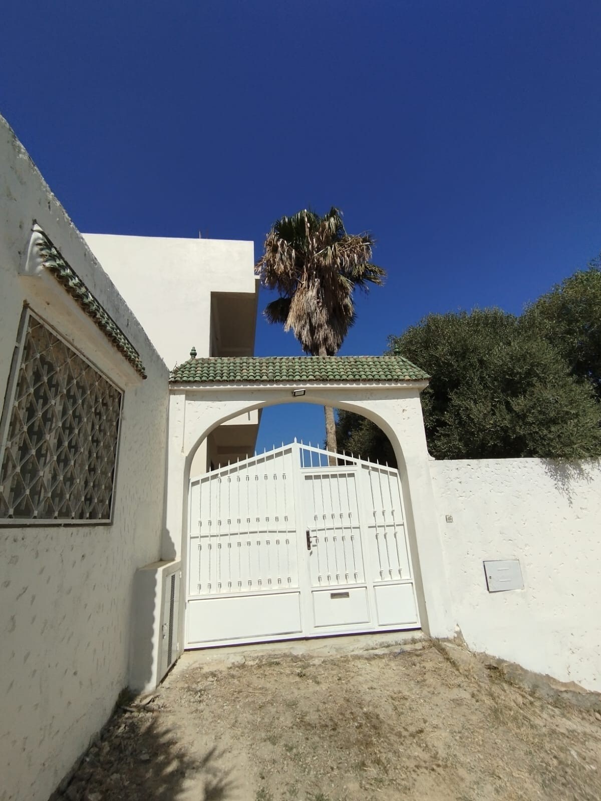 A white-walled entrance features an intricate archway topped with a green-tiled roof. A decorative wooden gate stands closed, providing access to the property. A palm tree rises in the background against a clear blue sky, contributing to the serene setting.
