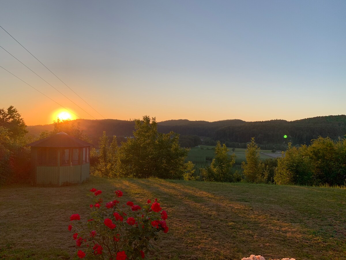 A serene landscape captures the setting sun, casting warm hues across rolling hills. In the foreground, vibrant red flowers add a pop of color, while a gazebo is framed by greenery. The peaceful scene invites relaxation and appreciation for the natural beauty surrounding the area.