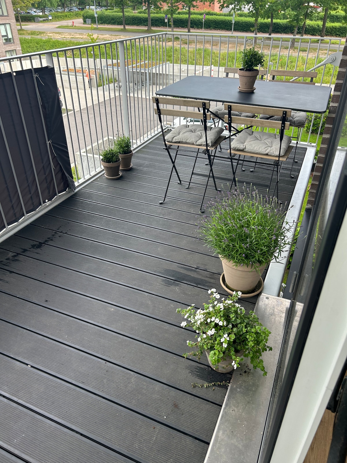 A spacious balcony is furnished with a table and chairs, surrounded by potted plants. The deck features a dark wooden floor, providing a comfortable outdoor space to enjoy the surroundings, while a railing offers safety and unobstructed views.