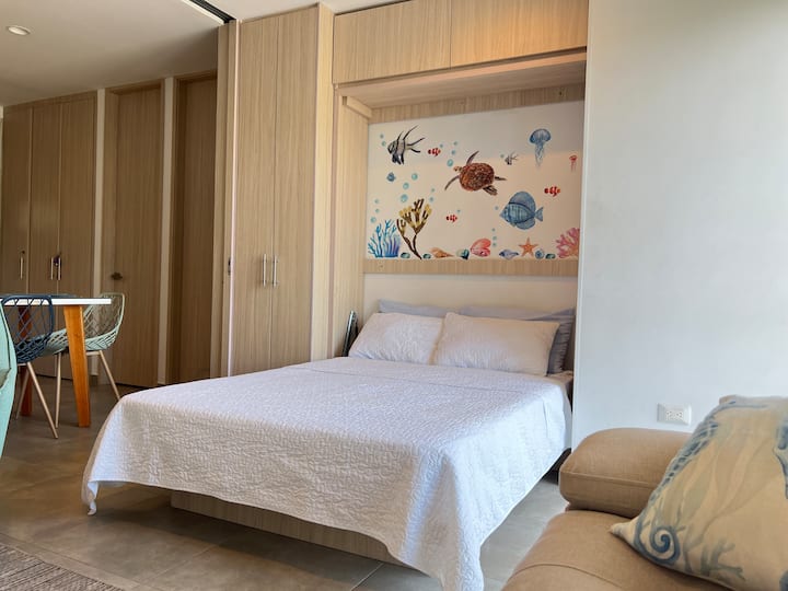 Folding double bed in the living room, during the day you can raise it to have more space in the living room