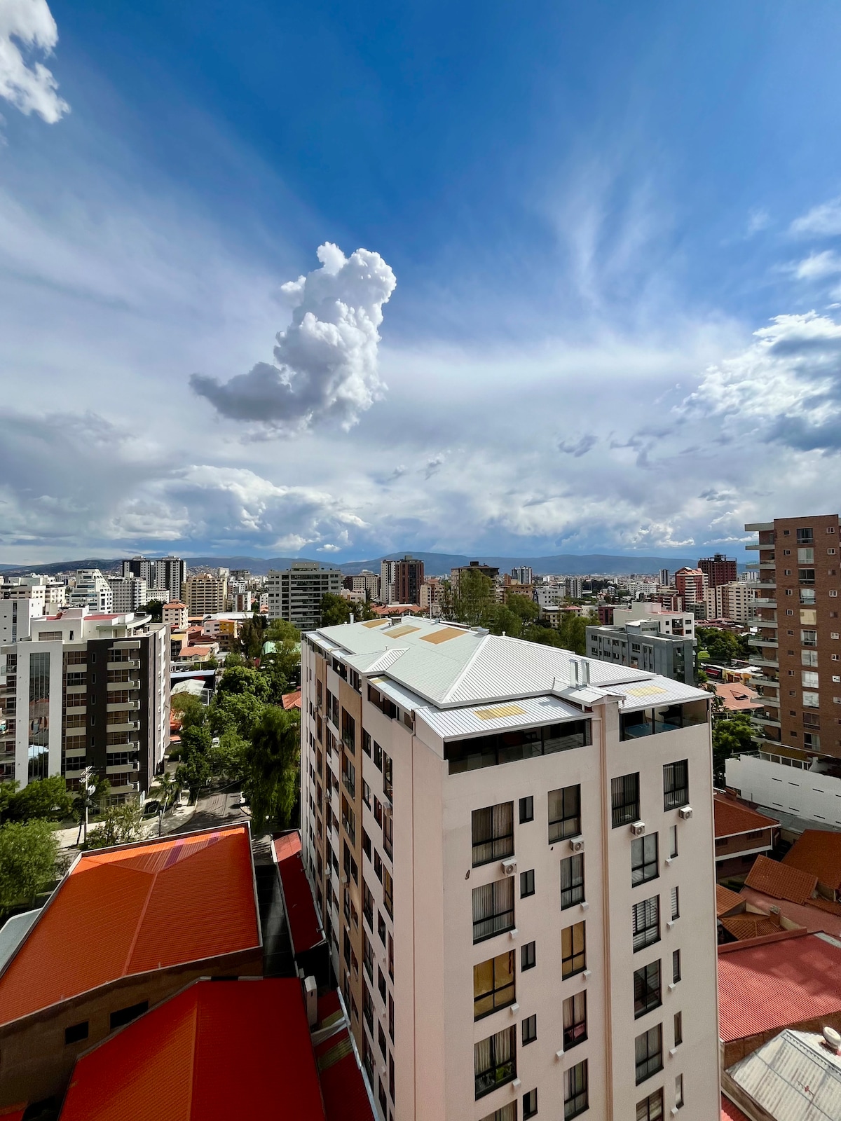 A panoramic view of the cityscape is captured from an elevated perspective, showcasing a blend of residential and commercial buildings. Expansive skies are filled with soft clouds, providing a backdrop to the urban environment. The rooftops display a mix of colors, with earthy tones contrasting against the vibrant city life.