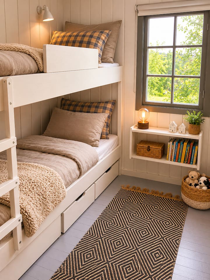 Cozy single bunk bed bedroom with large window looking out to the forest