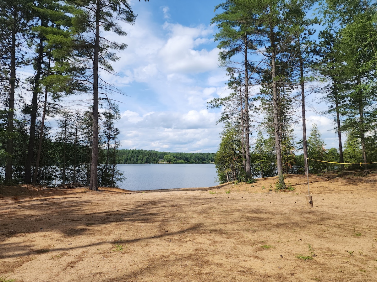 A sandy beach area is framed by tall trees, leading to a calm lake. The sky is bright with scattered clouds, and the shoreline is clear, providing a serene view of the water and surrounding greenery.